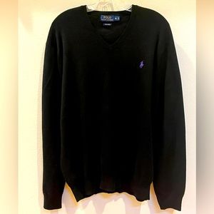 Polo Ralph Lauren Men’s Pima Cotton V-Neck Sweater Black with Purple Logo XL
